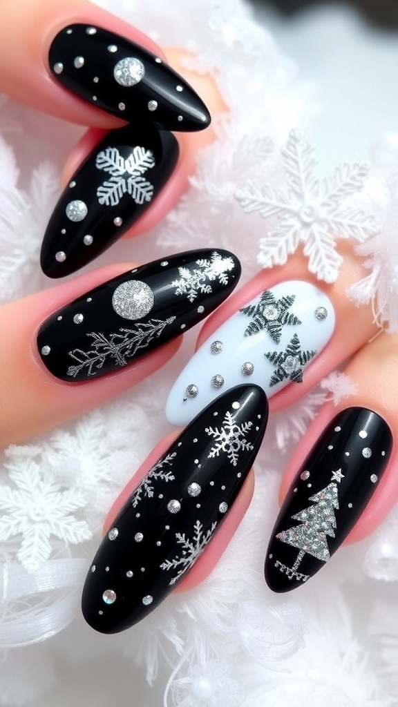 Elegant black Christmas nails with glitter and festive designs on a snowy background.